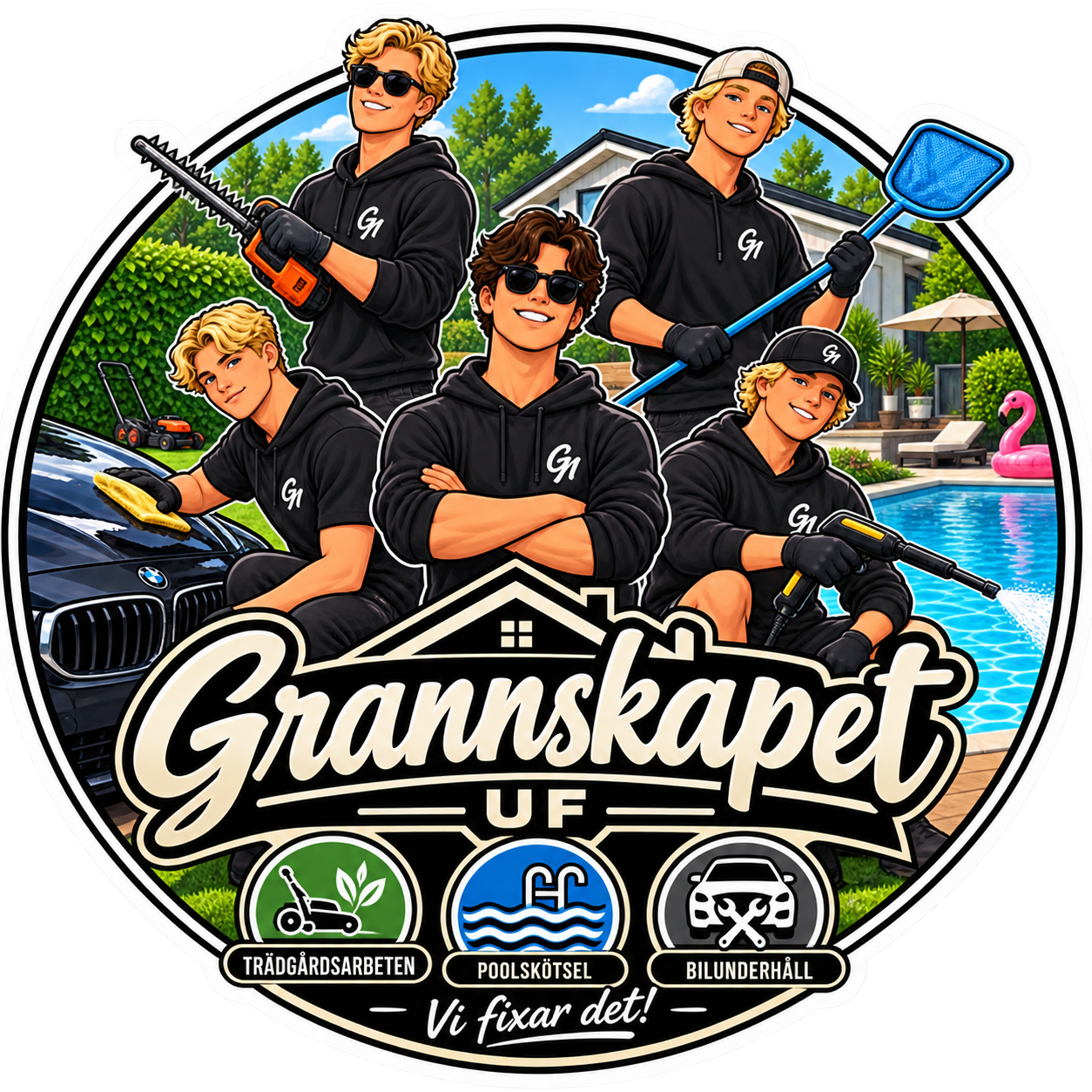 Grannskapet UF logotyp – pooltjänster, trädgårdsarbeten och biltvätt